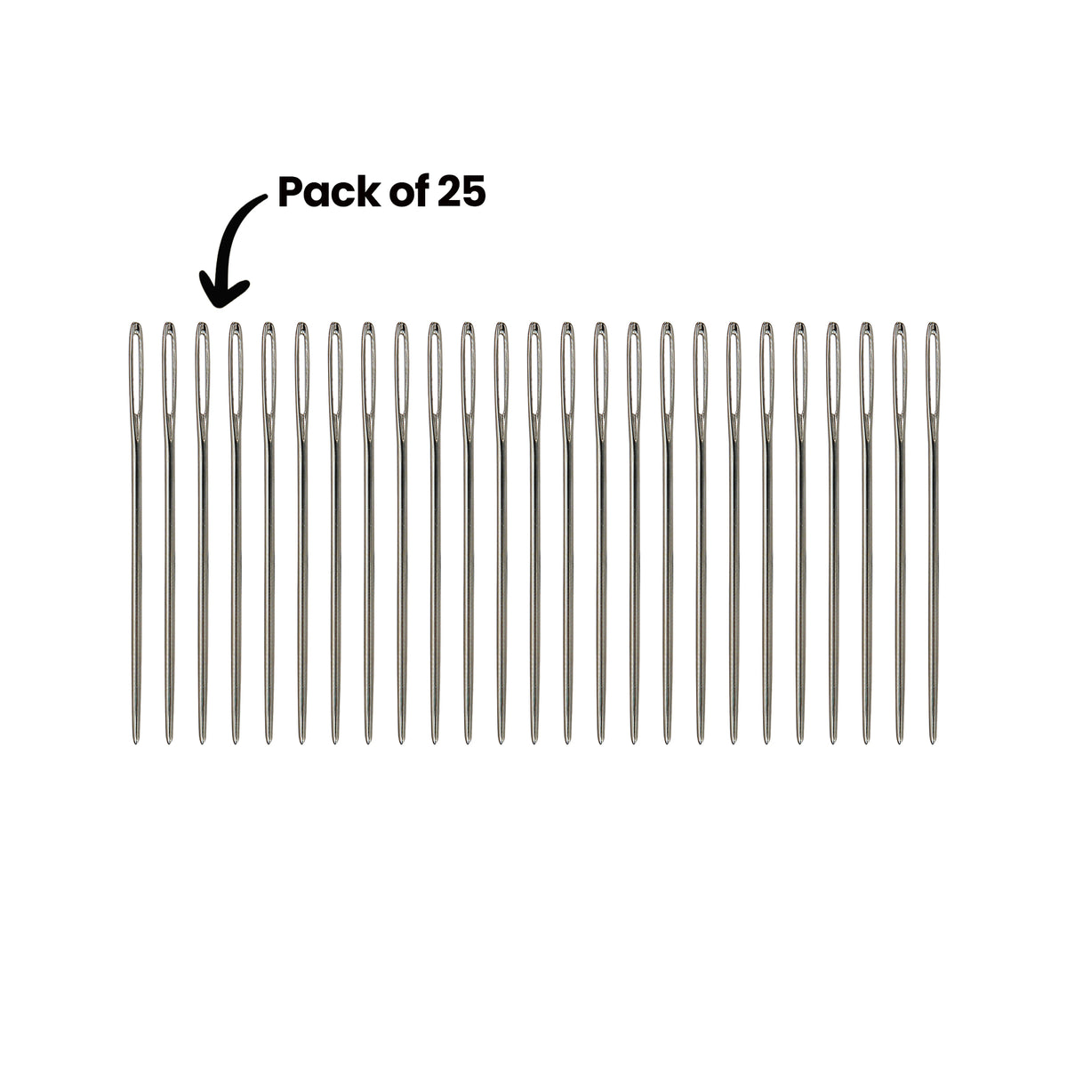 A horizontal row of silver Zart tapestry needles lined up evenly against a white background, each with a long elongated eye at the top and tapering to a point below. A curved arrow at the upper left points to the row, labelled ‘Pack of 25’.