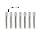 A horizontal row of silver Zart tapestry needles lined up evenly against a white background, each with a long elongated eye at the top and tapering to a point below. A curved arrow at the upper left points to the row, labelled ‘Pack of 25’.