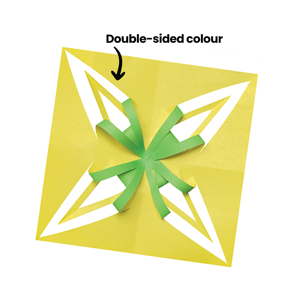 A square of yellow Collagami paper cut and folded into a four-pointed star design, with green strips curling outward from the centre, revealing the contrasting colour on the reverse. An arrow points to the folded form with the annotation ‘Double-sided colour’.