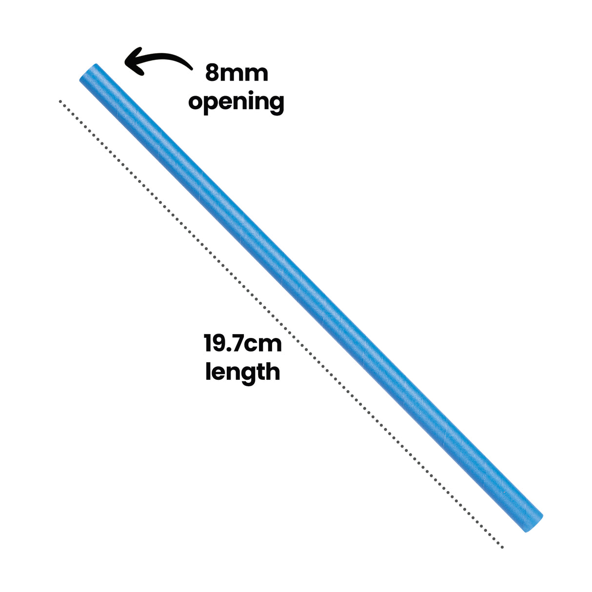 Blue ECO paper drinking straw positioned diagonally against a white background, featuring a striped texture. Annotation text indicates 8mm opening at the top and 19.7cm length measured along the straw's diagonal axis with dotted measurement line.