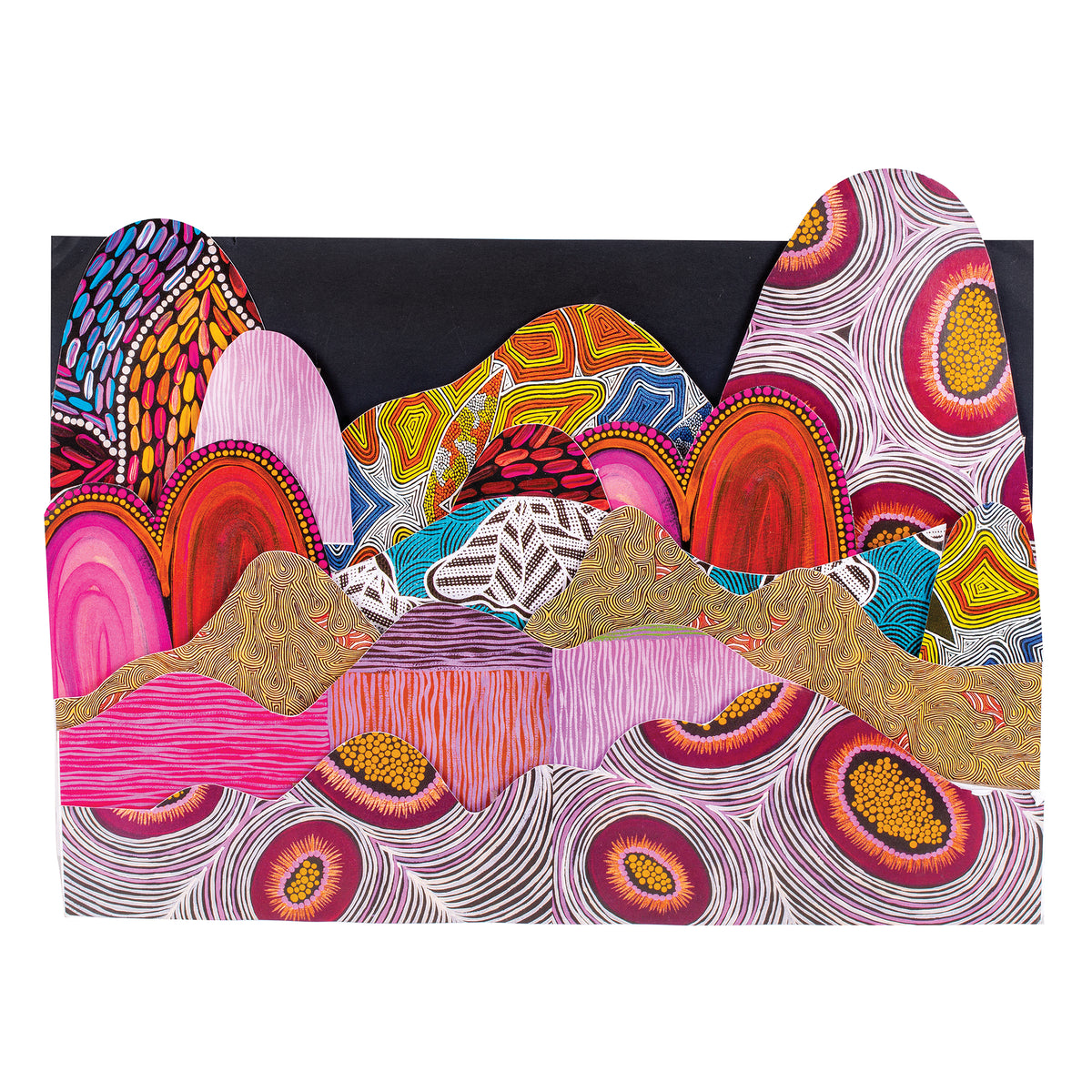 A layered landscape collage built from Zart Pattern Paper, with overlapping hill and mountain shapes cut from different patterned sheets. Dot-work circles, wavy lines, concentric ovals and bold colour blocks in pink, orange, teal and gold rise against a black background, forming a vibrant scenic composition.