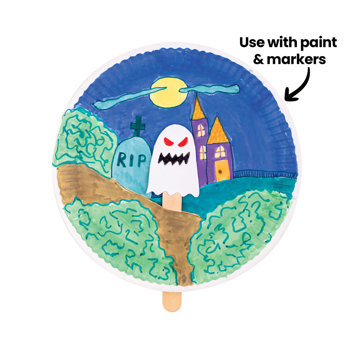 A painted Paper Plate artwork shows a spooky night scene with a ghost, gravestone, moon, house and green landscape details. Black annotation text reads “Use with paint & markers” with a curved arrow pointing towards the colourful illustrated plate surface.