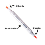 A single Copic Ciao marker in YR04 shown diagonally with three annotated labels: "Chisel tip" pointing to the flat broad nib, "Brush tip" pointing to the fine pointed nib, and "Round barrel" indicating the cylindrical white body of the marker.