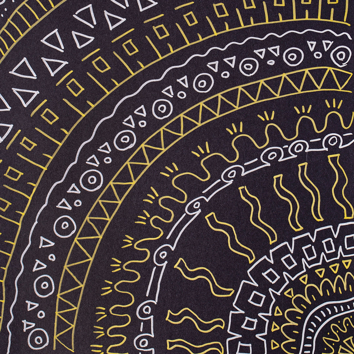 Close-up of intricate Indigenous-inspired artwork on black paper featuring geometric patterns in metallic gold and silver. Curved bands display repeating triangles, circles, wavy lines, diamond shapes, and radiating marks created with Zart Multi Markers, showcasing the vibrant contrast and shimmer of the metallic ink against the dark background.