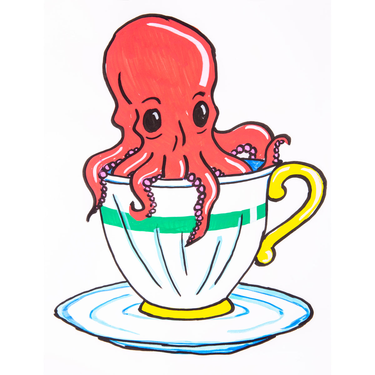 A finished sample artwork drawn in POSCA Chisel Tip Markers, showing a red cartoon octopus with large eyes sitting inside a white teacup with a green stripe and yellow handle, resting on a matching saucer with pale blue shading.
