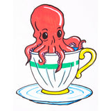A finished sample artwork drawn in POSCA Chisel Tip Markers, showing a red cartoon octopus with large eyes sitting inside a white teacup with a green stripe and yellow handle, resting on a matching saucer with pale blue shading.