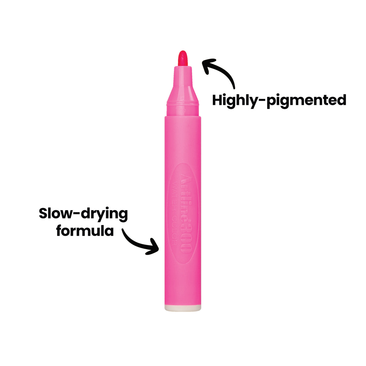 A close-up of a single pink Artline 300 Watercolour Marker standing upright against a white background. Two annotations read "Highly-pigmented" pointing to the tip, and "Slow-drying formula" pointing to the barrel.
