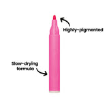 A close-up of a single pink Artline 300 Watercolour Marker standing upright against a white background. Two annotations read "Highly-pigmented" pointing to the tip, and "Slow-drying formula" pointing to the barrel.