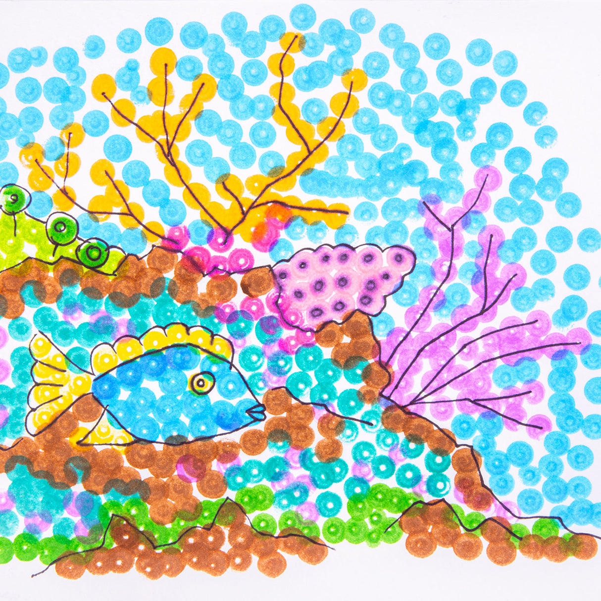 Finished dot painting depicting an underwater scene. Blue dots form water, with layered brown, pink, yellow and green circles creating coral, plants and a fish, outlined with black line details.