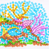 Finished dot painting depicting an underwater scene. Blue dots form water, with layered brown, pink, yellow and green circles creating coral, plants and a fish, outlined with black line details.