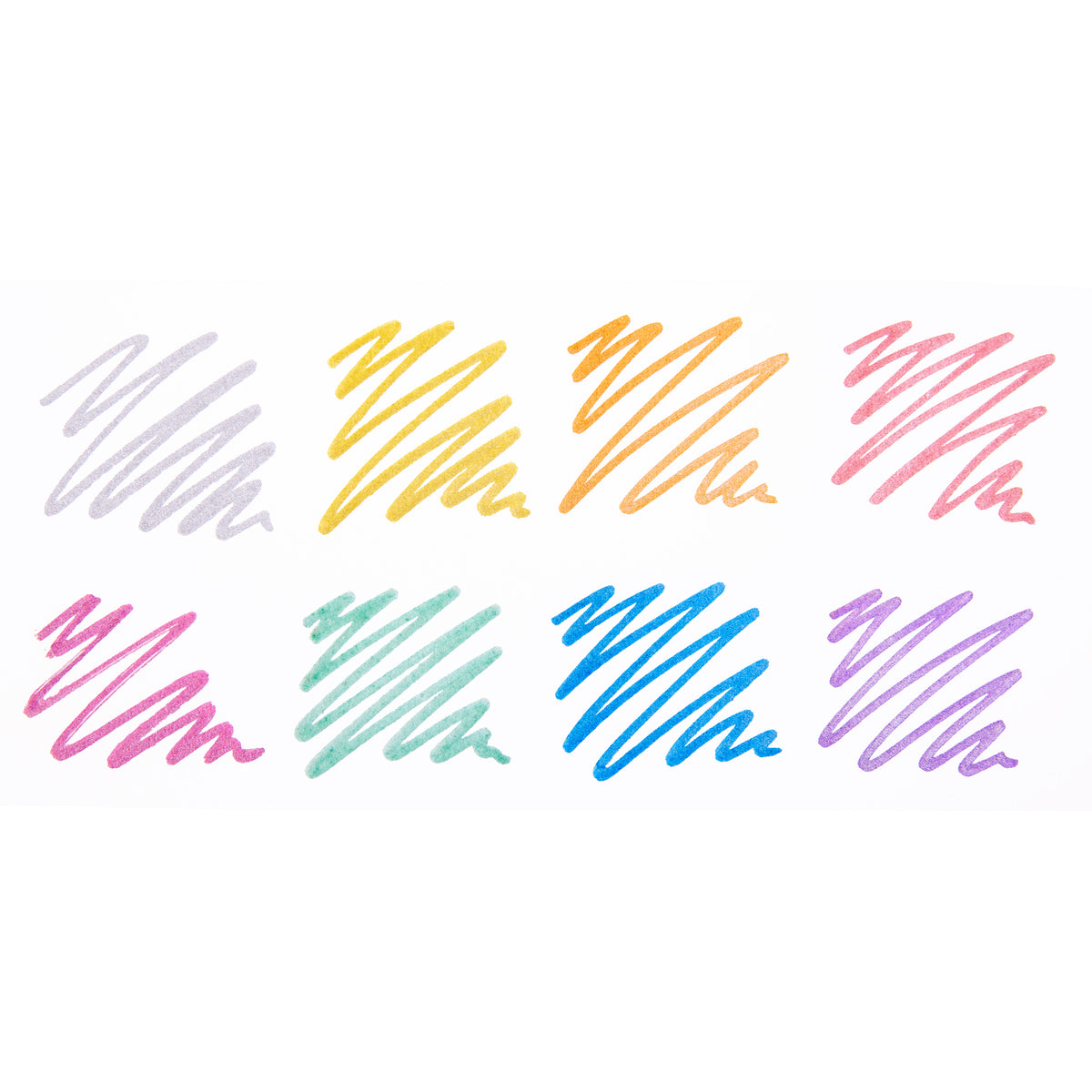 A grid of eight scribbled marker swatches on white paper, arranged in two rows of four, showing the full metallic colour range: silver, yellow, orange, coral, pink, green, blue and violet.