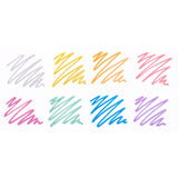 A grid of eight scribbled marker swatches on white paper, arranged in two rows of four, showing the full metallic colour range: silver, yellow, orange, coral, pink, green, blue and violet.