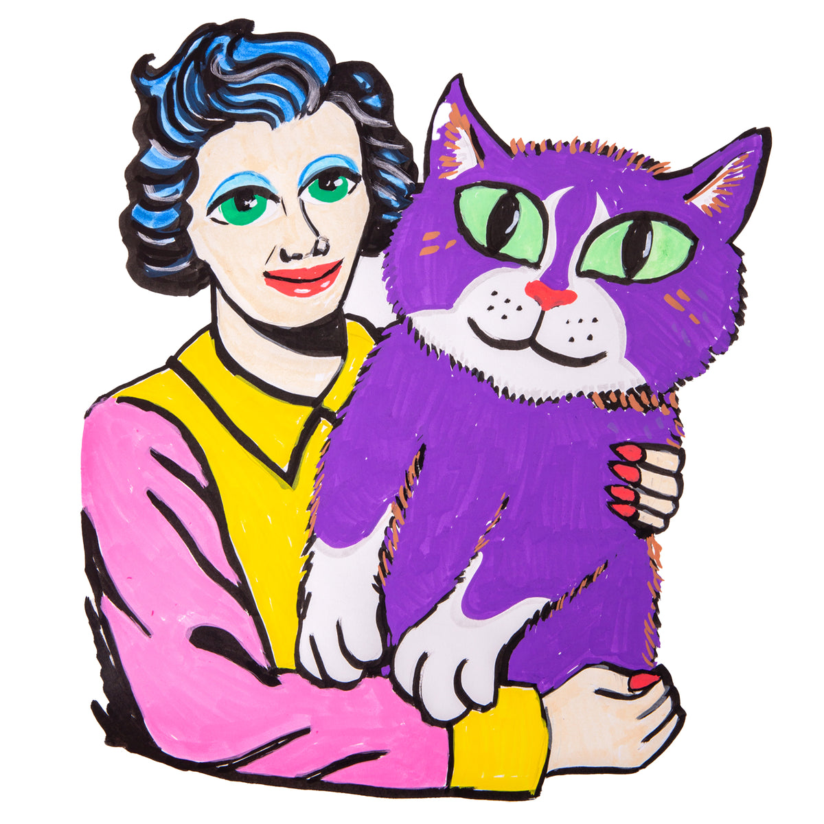 A sample artwork drawn in POSCA Chisel Tip Markers, showing a smiling woman with blue and black wavy hair, wearing a pink and yellow top, holding a large purple cat with green eyes, white paws and red-painted claws.