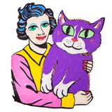 A sample artwork drawn in POSCA Chisel Tip Markers, showing a smiling woman with blue and black wavy hair, wearing a pink and yellow top, holding a large purple cat with green eyes, white paws and red-painted claws.