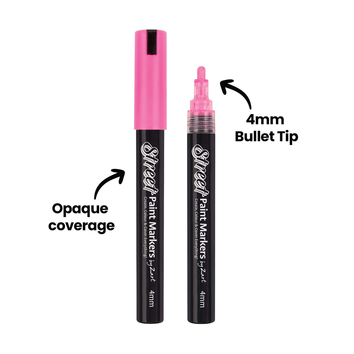 Pink Zart Street Paint Marker shown capped and uncapped. Annotation text points to features: “Opaque coverage” next to the capped marker and “4mm Bullet Tip” next to the uncapped marker.