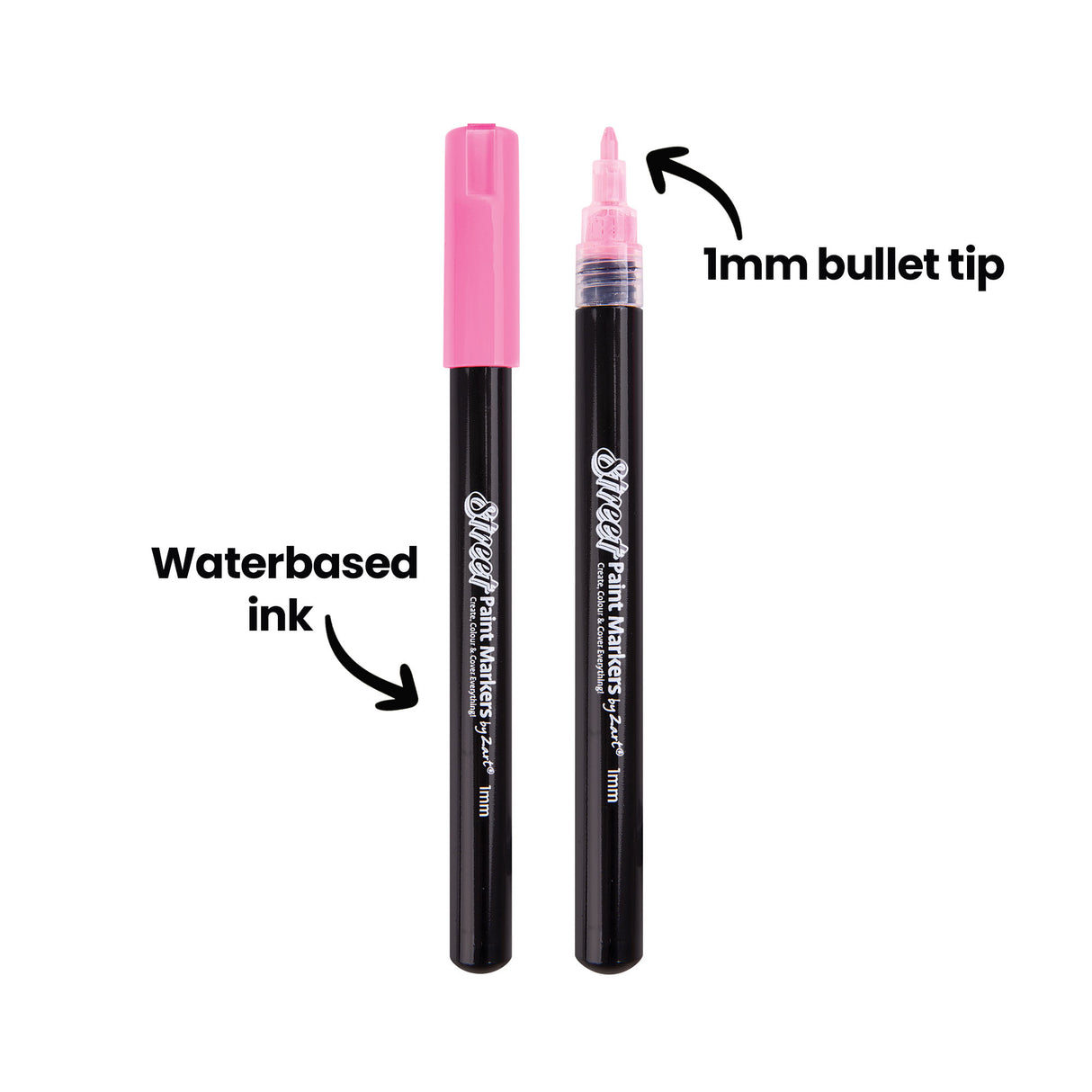 A Street Paint Marker by Zart shown capped and uncapped in pink, with annotations reading '1mm bullet tip' pointing to the fine rounded nib, and 'Waterbased ink' indicating the pen's water-based formula. Black barrel with matching pink cap, set against a plain white background.