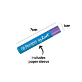 A single purple Oil Pastels by Zart stick lying diagonally on a white background, with its blue paper sleeve printed "Oil Pastels by Zart" in white script. Annotations indicate measurements of "7cm" in length and "1cm" in diameter, plus a note reading "Includes paper sleeve".