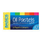 Basics Oil Pastels by Zart packaging. A rectangular box with a yellow left panel and deep blue main panel. Text reads "6 Fluoro Colours" and "Vivid colours, soft, rich & smooth". Six colour swatches — blue, green, yellow, orange, red, and pink — run along the top edge. "PKT OF 12" appears in a blue circle.