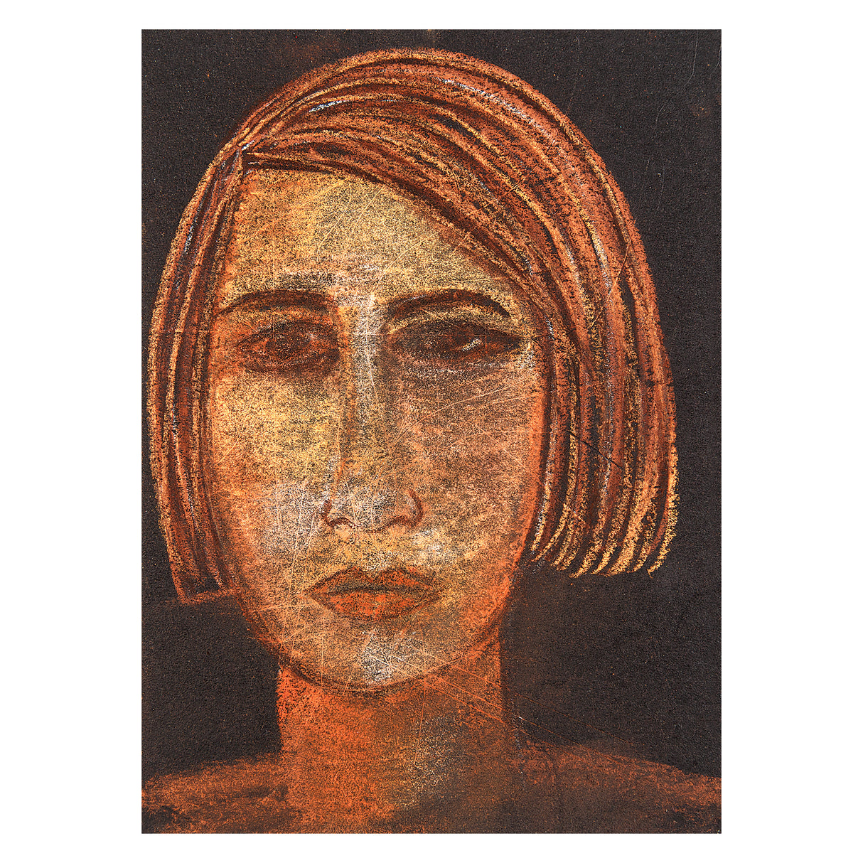 Portrait artwork created on dark paper using dry pastels in warm skin tones. The face and shoulders emerge from the dark background with layered orange, brown, and cream highlights. Visible pastel texture and blended marks define the hair, facial features, and softly lit skin.