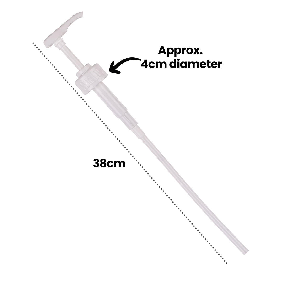 An annotated image of the Zart School Colours Paint Pump laid diagonally on a white background. A dotted line spans its length with the label "38cm", while an arrow points to the collar with the annotation "Approx. 4cm diameter".