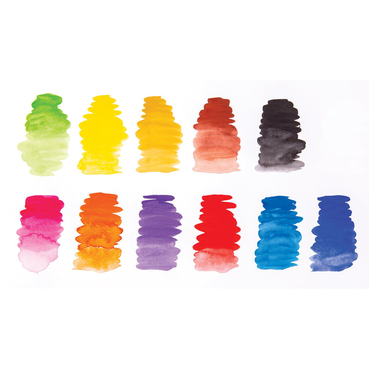 Rows of painted colour swatches demonstrate Art Spectrum Gouache, showing layered strokes with visible brush edges. Colours range from greens, yellows and ochres to reds, violets, blues and black, each swatch displaying soft gradients, opacity variation and slightly textured edges.