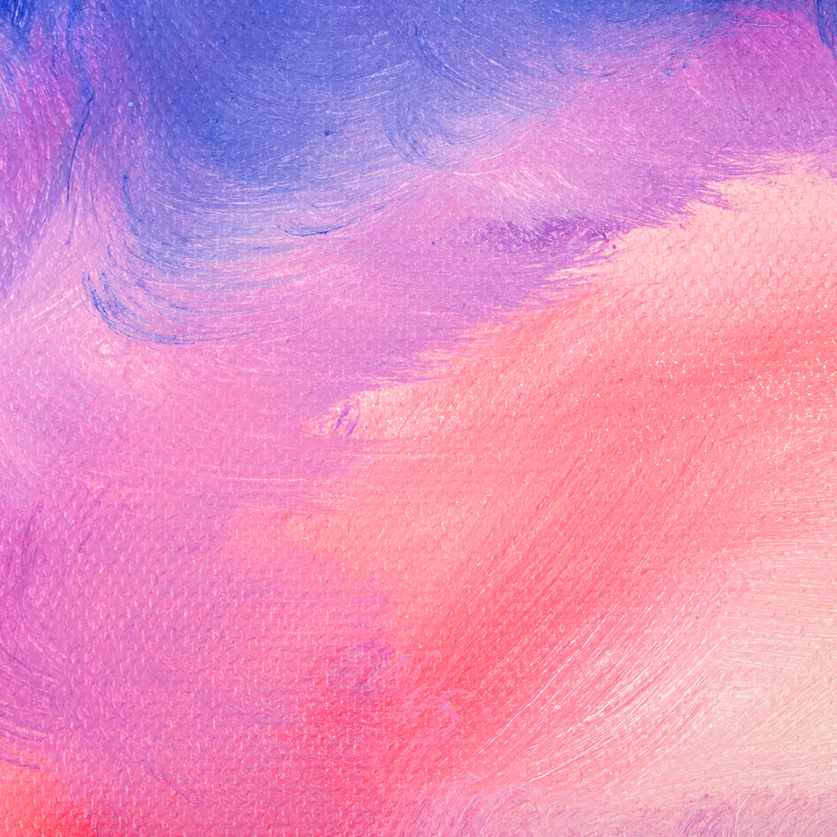 Close-up section of an oil painting showing blended pastel pink, purple, and soft coral brushstrokes. Thick textured paint layers reveal visible canvas weave and directional brush marks, demonstrating smooth colour blending and soft transitions between hues.