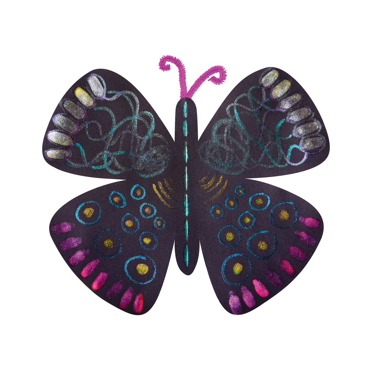 Artwork sample created with Creamy Colours Watercolours by Zart Glitter, showing a butterfly cut from black card and decorated with shimmering pink, blue, teal, silver and gold patterns. Glittering circles, lines and wing markings stand out against the dark matte surface.