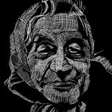 A close-up scratch art portrait of a face rendered entirely in fine white cross-hatched line work against black. The dense, layered scratch marks create shading and texture across the hair, brow, eyes, nose, and mouth, giving the face a detailed, sketched appearance.