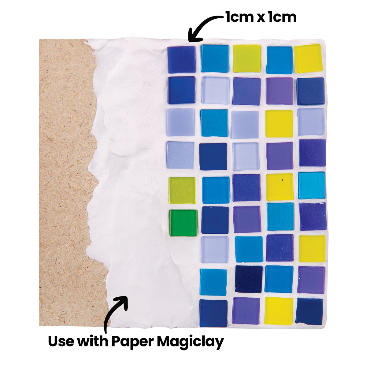 A grid of blue, purple, green and yellow Zart Deco tiles pressed into white clay over a brown board, with annotations "1cm x 1cm" pointing to a single tile and "Use with Paper Magiclay" pointing to the clay base. The glossy squares sit in neat rows.