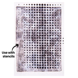 Monochrome monoprint made using a Gel Print Plate by Zart, showing dense black dot patterns across a textured grey background. Pale, looping lines create layered movement and contrast. The surface has a softly mottled, hand-printed quality. Annotation text reads: “Use with stencils”.
