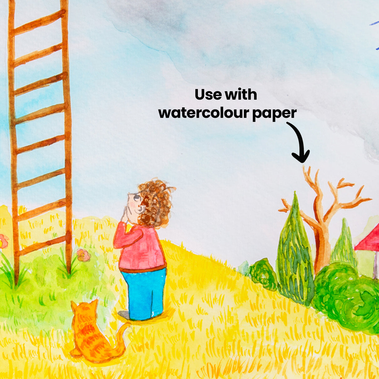 Watercolour illustration detail showing a figure and cat standing in a textured yellow field, with trees and a house to the right. Annotation text reads “Use with watercolour paper”, positioned over a softly blended blue sky background