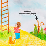 Watercolour illustration detail showing a figure and cat standing in a textured yellow field, with trees and a house to the right. Annotation text reads “Use with watercolour paper”, positioned over a softly blended blue sky background