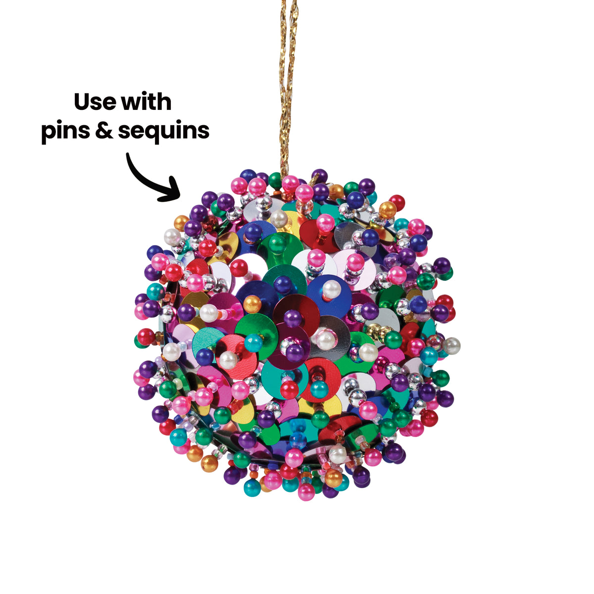 A Zart Poly Deco Foam ball covered densely in colourful sequins and pin-topped beads in purple, pink, green, blue, gold and silver. It hangs from a gold thread against a white background, with an arrow annotation reading ‘Use with pins & sequins’.