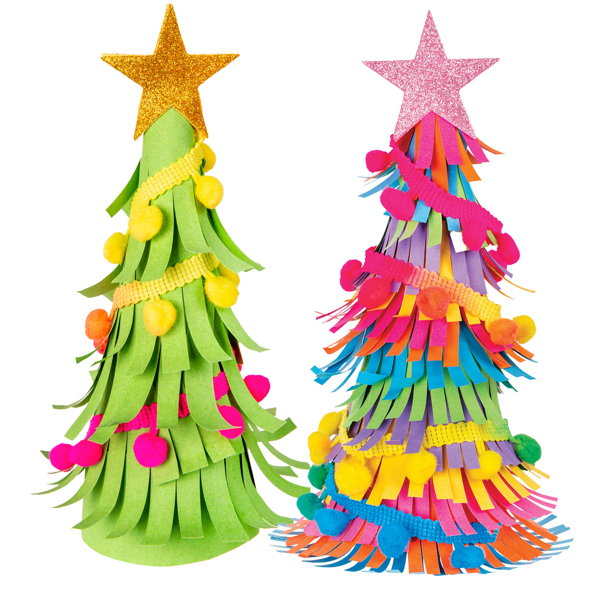 Two fringed paper Christmas tree samples made using Zart Poly Cones, in solid green and multicolour rainbow finishes. Each is trimmed with pom-pom garland in yellow, pink and orange tones and topped with a glittery gold or pink star.