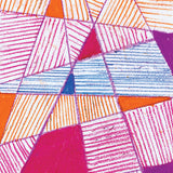 Abstract oil pastel artwork with overlapping triangles and striped shapes in pink, orange, blue and purple, showing textured marks, layered colour, and contrasting line patterns on a white background.