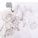 Two overlapping transparent Zart Acetate Heavyweight Sheets with pencil sketches of figures and horses drawn onto them. Annotated "Use for drypoint etching", showing fine scratched line work on the clear surface and the see-through layering of the sheets.