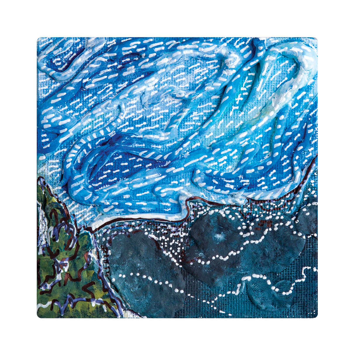 A textured painting in shades of blue and teal covers a small square canvas, with layered brushstrokes forming flowing, wave-like patterns. White dotted lines and darker accents create contrast, emphasising the tactile, raised paint on the canvas surface.