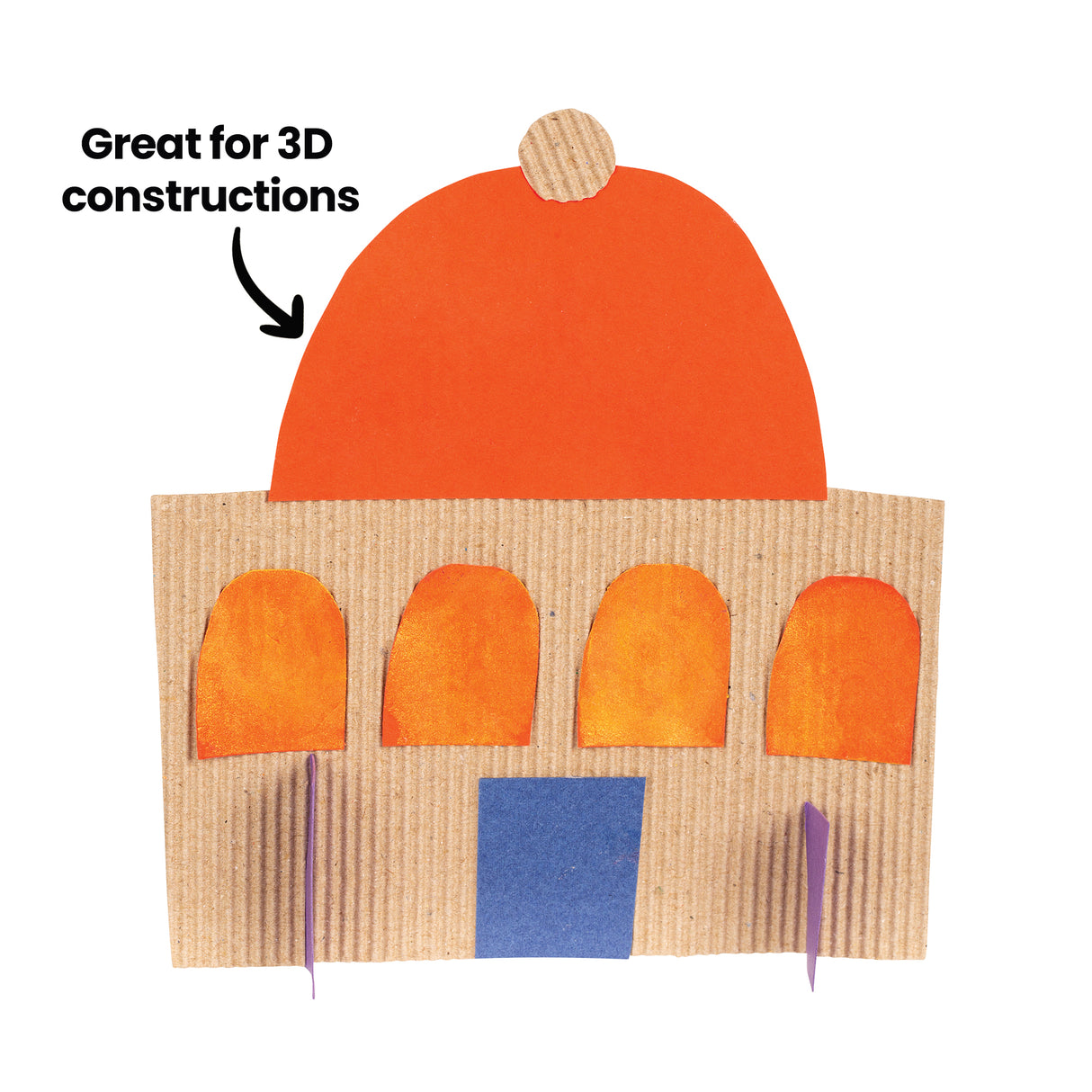 Cardboard building construction with bold text Great for 3D constructions. A curved orange roof sits above a corrugated wall with arched orange windows and a blue door. Small purple folded supports create dimension, demonstrating sturdy structure and raised, fluted texture.