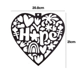 A plain black stencil cut-out from the Zart Stained Glass Wellbeing Baubles range, in a heart shape reading "Hope" surrounded by hearts, flowers and a rainbow motif. Dimension labels mark the design at 20.8cm wide by 21cm high.