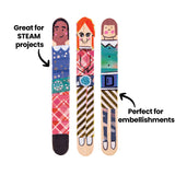 Three decorated Popstick Natural - Giant character artworks stand vertically against a pale grey background. The figures feature painted faces, patterned washi tape clothing, metallic striped details, and hand-drawn outlines. Black annotation text reads “Great for STEAM projects” and “Perfect for embellishments”.