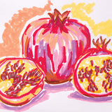 Artwork created with Zart Colour Slicks showing a warm still-life of pomegranates. Bold pinks, reds, yellows and purples blend together to create textured colour and expressive strokes.