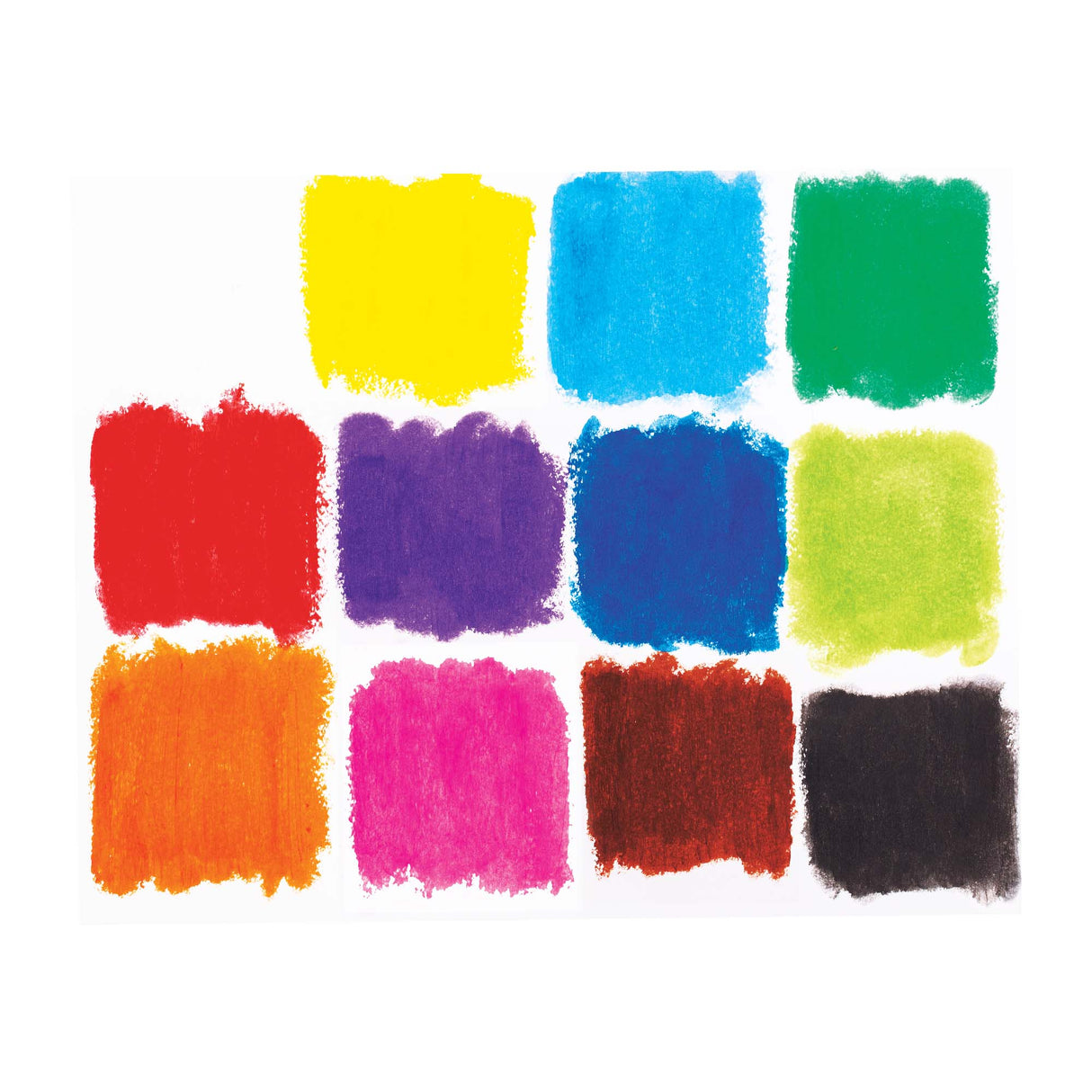 Grid of bold colour swatches created with Zart Colour Slicks, showing 12 opaque squares in yellow, blue, green, red, purple, navy, lime, orange, pink, brown and black.
