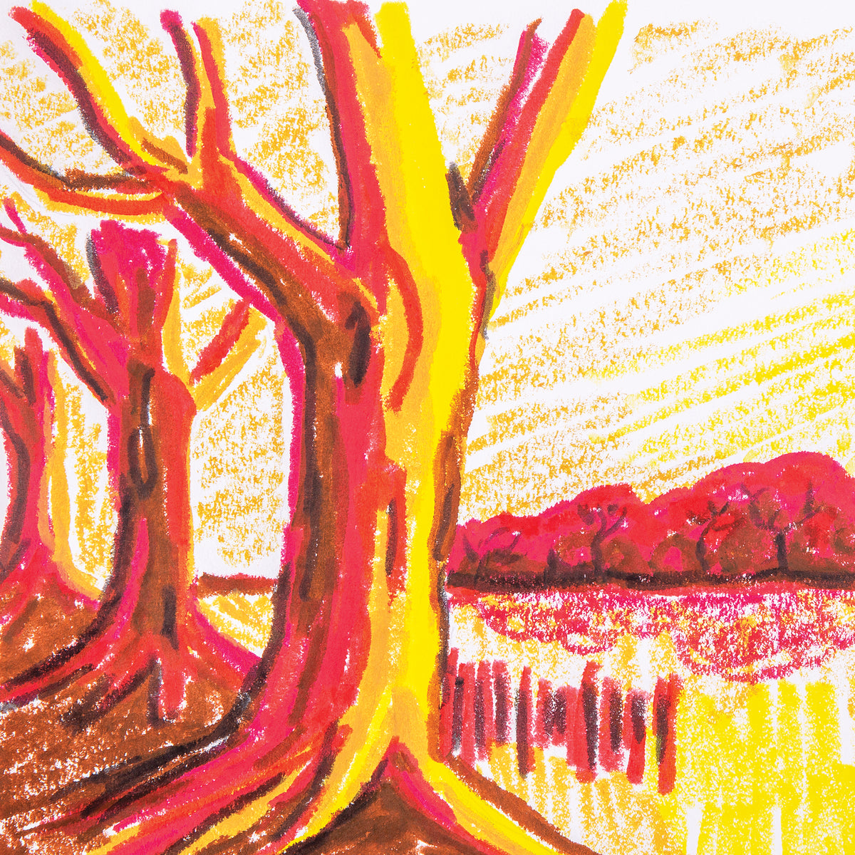 A close-up sample artwork drawn with Ochre Slicks, showing layered tree trunks rendered in yellow, red, pink and brown with dark bark-texture linework. Radiating yellow sunburst lines fill the background sky, while a distant red-pink tree line, water and a row of thin fence posts sit along the horizon.