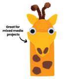 A felt giraffe puppet with Joggle Eyes for its face, orange felt fur with brown spot detailing and ears, two brown pipe-cleaner horns curling at the top. The annotation "Great for mixed media projects" with an arrow points to the puppet's face.
