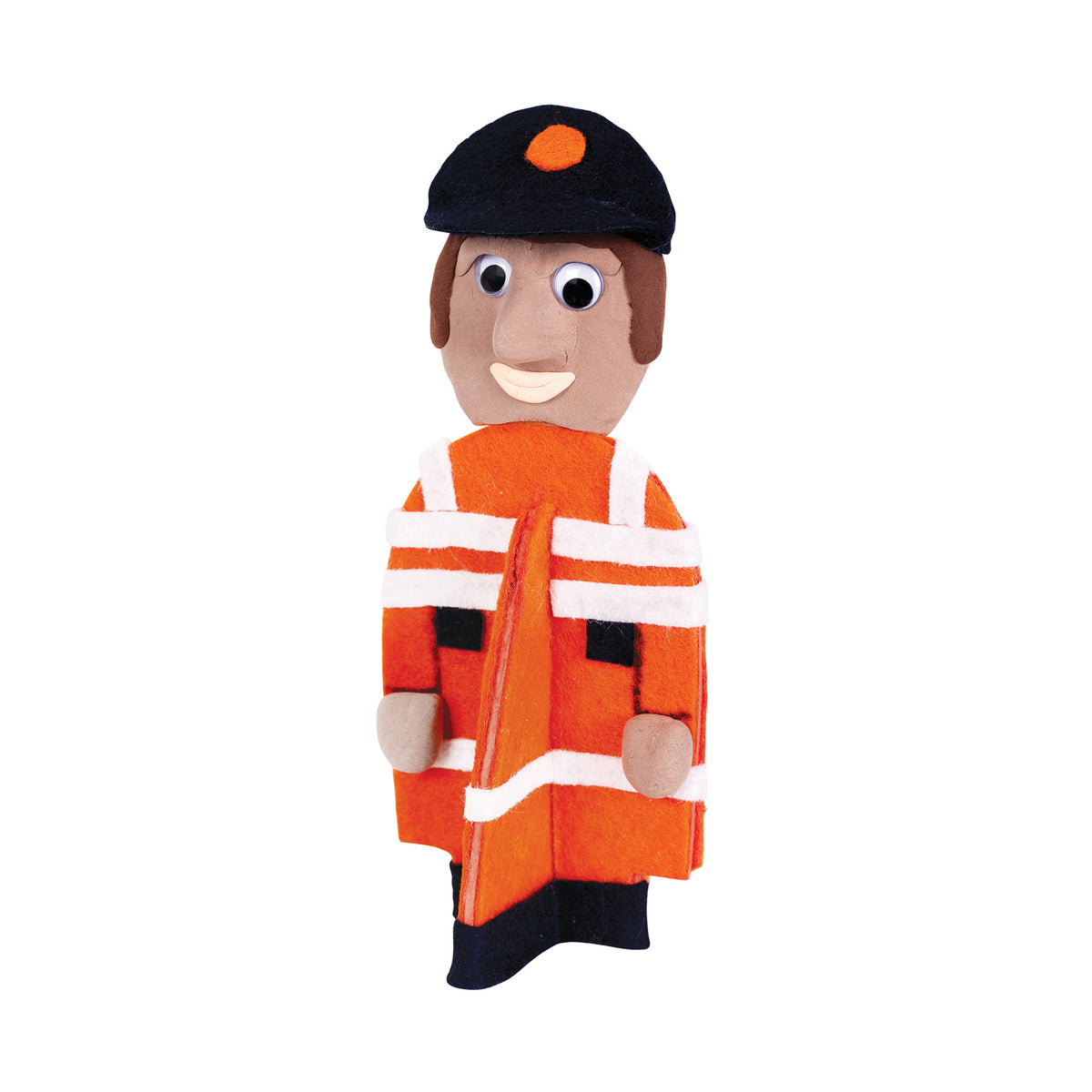 A figure crafted from felt and clay, wearing a felt high-visibility jacket in orange with white reflective stripes and navy cuffs, over a navy felt cap with an orange felt pom detail. The clay head has a tan complexion, brown hair, Joggle Eyes and a pale felt smile.