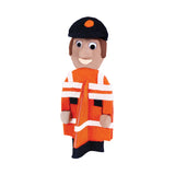 A figure crafted from felt and clay, wearing a felt high-visibility jacket in orange with white reflective stripes and navy cuffs, over a navy felt cap with an orange felt pom detail. The clay head has a tan complexion, brown hair, Joggle Eyes and a pale felt smile.