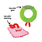 An annotated image showing two application methods for Zart Brooch Backs: "Use with glue" points to a silver fitting adhered to the back of a green wreath shape with a red bow, and "Use with stitching" points to a fitting hand-sewn onto a pink felt gift shape.