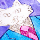 Close-up detail of a coloured print made from a foam plate, showing a cat’s face and upper body. The cat wears a blue suit jacket with a textured collar and a bright pink tie. Indented linework defines the eyes, whiskers and fur, set against a purple and blue background.