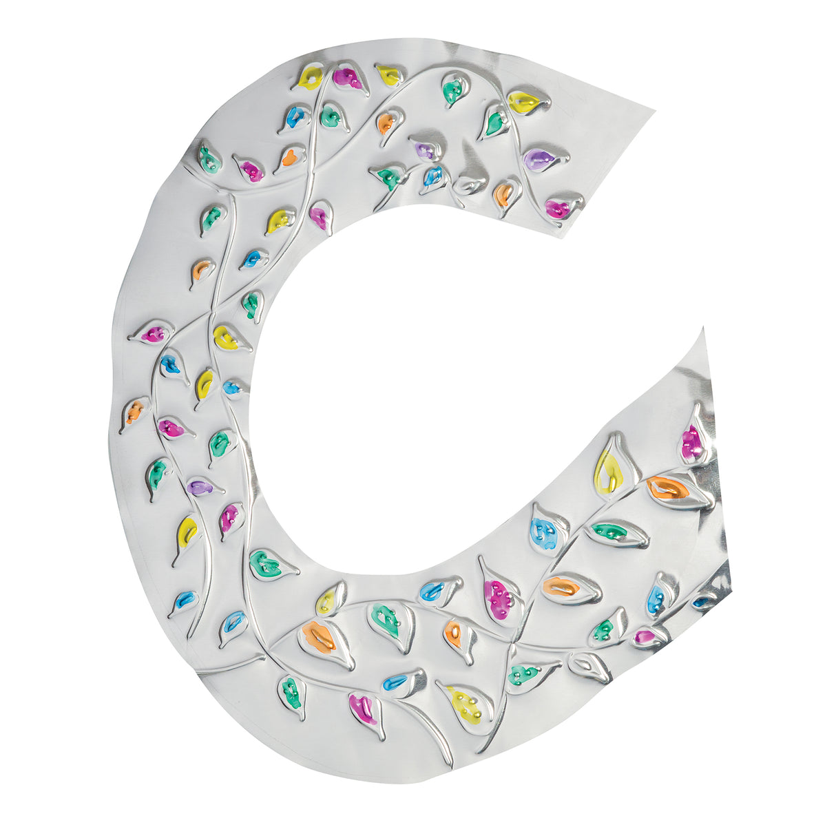 Curved sheet of aluminium foil embossed with flowing vine patterns and raised leaf shapes. Each leaf is filled with bright translucent colours including yellow, pink, blue, green and orange. The reflective metallic surface enhances texture, depth and dimensional detail.