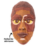 Front-facing sculpted face made from layered earth-tone Paper Magiclay. On-image annotation reads Perfect for skin tones with an arrow pointing to the cheek area. Browns, ochres and creams form facial planes, eyes, nose and lips.